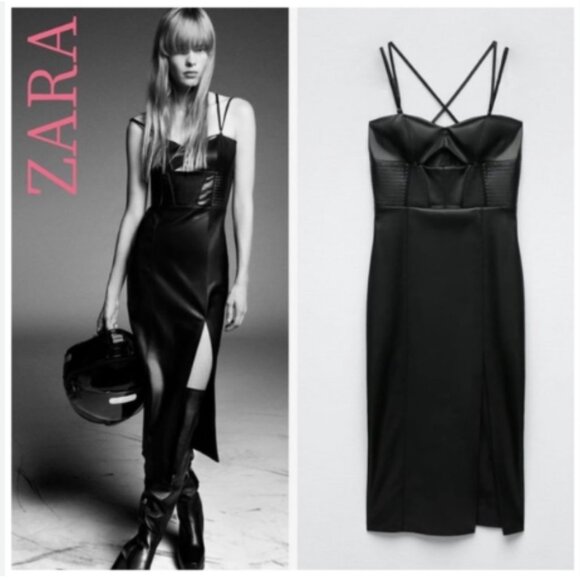 ZARA WOMEN BLACK TOPSTITCHED FAUX LEATHER MIDI DRESS SIZE S NWT - Picture 2 of 8
